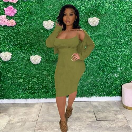 Autumn Winter Solid Two Piece Set Women Knitted Outfits Spaghetti Strap Skinny Midi Dress+Long Sleeve Open Stitch Tracksuits