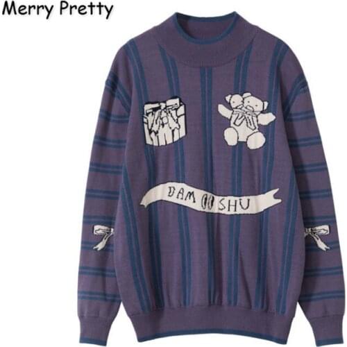 MERRY PRETTY Women‘s’ Cartoon Bear Embroidery Knitted Sweaters And Pullovers Sweet Style Girls Knit Jumpe Sweater Jacquard