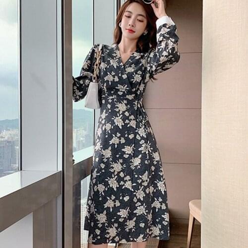 Summer 2021 Runway Balck Elegant Vintage Boho Korean Casual Beach Vacation Party Night Vestidos Women Long Sleeve Floral Dress
