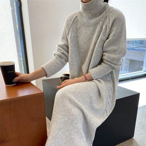 One Piece Turtleneck Full Sleeve Oversized Knit Dress Female 2021 Winter Casual Thick Twisted Women Long Sweater Dress Vestidos