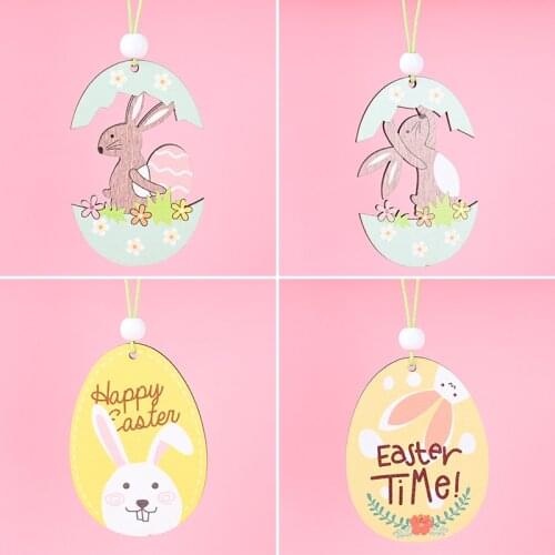 2Pcs Easter Eggs Rabbit Wooden Pendants Easter Decoration Bunny Chick Hanging Ornaments Spring Easter Party Decoration Wielkanoc