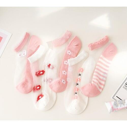 5 Pairs Women Socks Summer Ultra-thin Transparent Glass Fiber Silk Socks Striped Fashion Daisy Flower Japan Casual Ankle Socks
