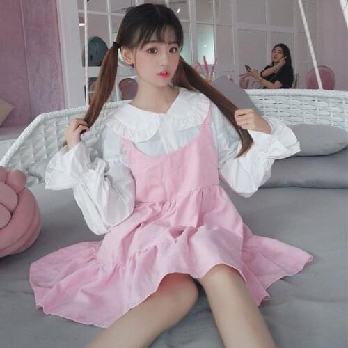 Japanese Style Kawaii Girl White Shirt Soft Girl Two-Piece Set Sweet Cute Girly Pink Doll Collar Vest Lolita Dress 2021 Summer