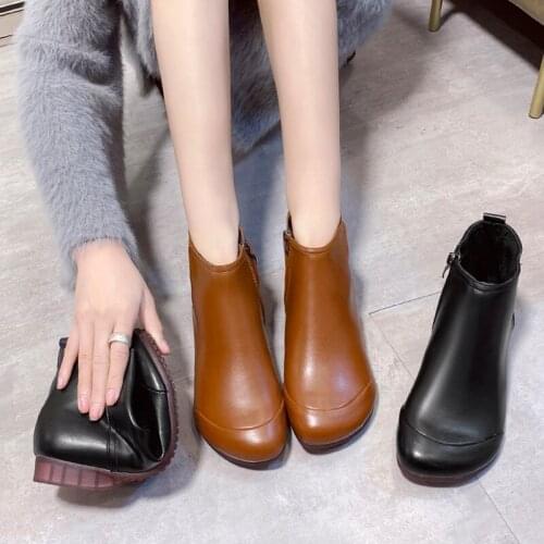 Womens Winter Boots Female Plus Velvet Pu Leather Shoes Handmade Zip Women Warm Ankle Boots Ladies Retro Footwear 35-40