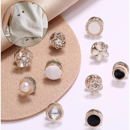 10Pcs Women Brooch Button Pearl Rhinestone Prevent Exposure Shirt Snap Buttons Brooch Pins Badge Cufflinks Button Clothes Decor