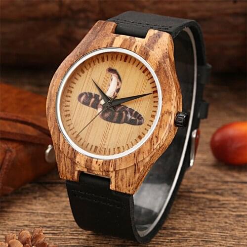 Vivid Snake/Eagle/Owl/Cat Round Dial Wood Watches for Men Women Quartz Wristwatch Black Genuine Leather Wristwatch