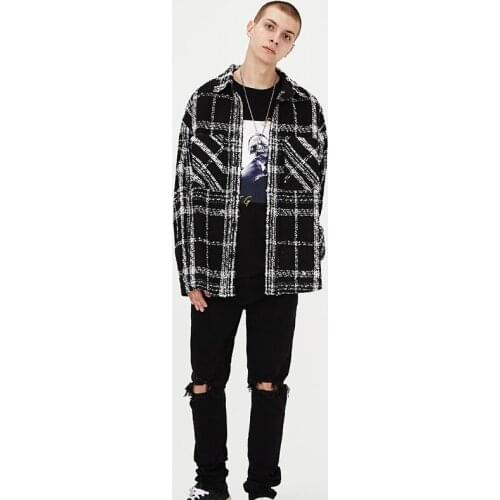 Black and White Plaid Stitching Tweed Woven Shirt Jacket 2021 Streetwear Checkered Thick Shirt Jacket for Men Autumn Winter