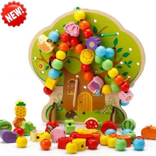 Montessori Learning and Education Wooden Building Cartoon House Beaded rope Puzzle Early Learning Childrens Toys