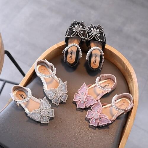 Childrens Sandals 2021 Summer New Sequins Bow Baby Girls Princess Sandals Soft Non Slip Dance Performance Shoes Size 21-35