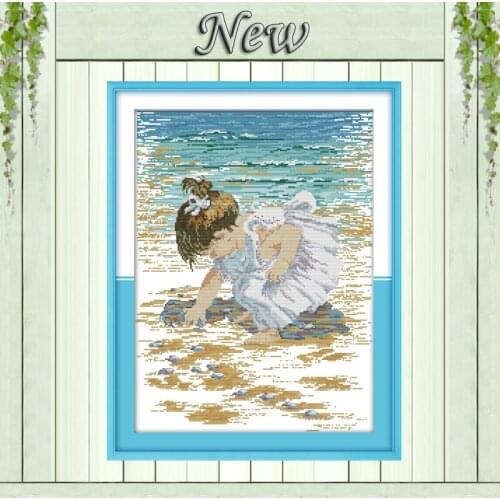 Girl baby Pick up shells,Counted printed on the canvas DMC 14CT 11CT Cross Stitch Needlework kits,Embroidery Set,home wall Decor