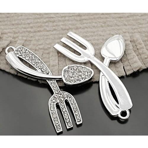 E449)4 pieces 65x43mm Stainless Steel Color Zinc Alloy + Rhinestone Spoon and Fork Pendants Diy Jewelry Accessories Wholesale