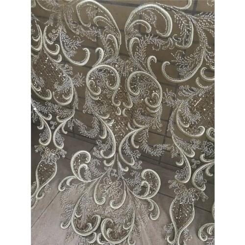 Flocking Lace Fabirc High Quality Sequins and beads African French Tulle Lace Fabric S-488883 Beautiful Wedding Dress