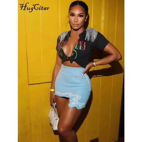 Hugcitar Short Sleeves Beading Appliques Letter Print Crop Top Irregular Mini Dress 2 Pieces Set 2021 Fall Women Fashion Y2K