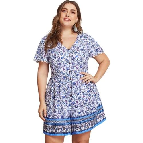 Sale Women Plus Size Jumpsuits Casual Short Sleeve V Neck Bohemian Print Playsuits Fashion Beach Wear Large Size Rompers