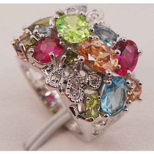Red Crystal Zircon Morganite Peridot 925 Sterling Silver Ring Size 6 7 8 9 10 F663