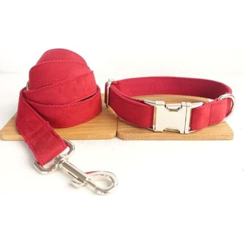 Red dog collar and leash set with bow tie for big and small dog cotton fabric collar metal buckle