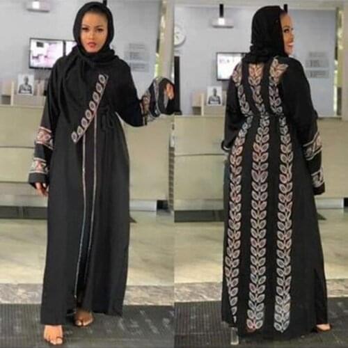 Richkeda Store New 2021 African Womens Dress Muslim Bat Sleeve Cardigan Mesh Hollow Fashion Printed Black Robe Ladies With