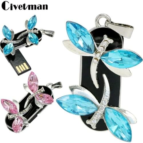 Cartoon Metal Crystal 128GB USB Flash Drive 8GB 16GB Pen Drive 32GB Pendrive 64GB U Disk Diamond Dragonfly Memory stick