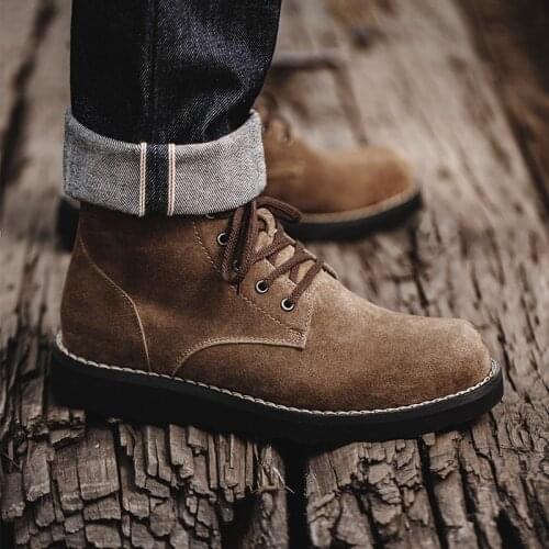 Maden Men Genuine Leather Safety Cow Suede Shoes Winter Worker Boots Mid-top British Martin Casual Safety Flat Boots Footwear