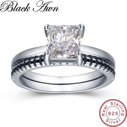 BLACK AWN New 925 Sterling Silver Jewelry Row Black Stone Wedding Ring Sets for Women Femme Bijoux Bague C436