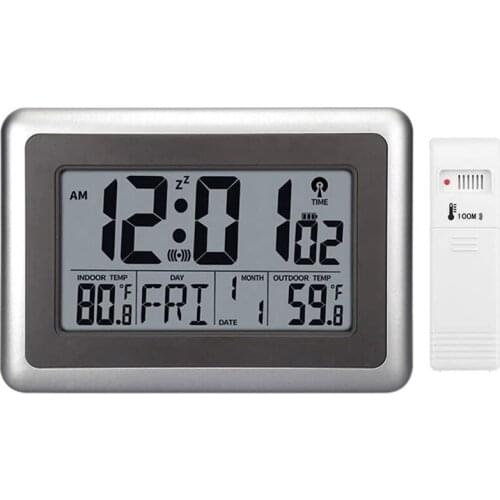 Atomic Wall Desk Clock Large Display with Indoor Outdoor Temperature Date Calendar Digital Alarm Clock for Kitchen