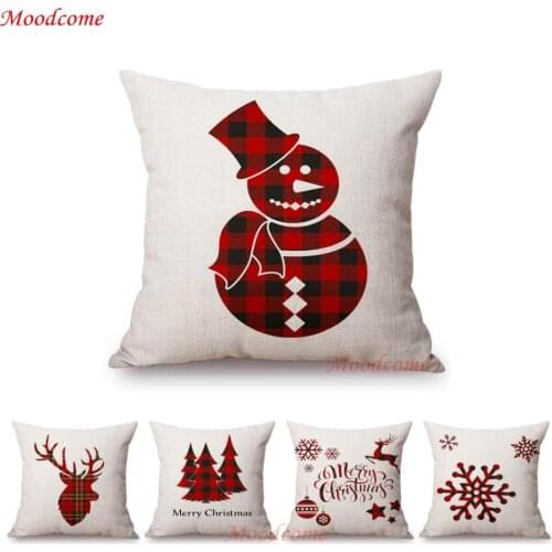 New Scottish Plaids Tartans Christmas Pattern Deer Head Snow flake Snowman Xmas Decoration Pillow Case Linen Red Cushion Cover