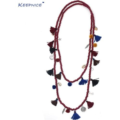 New Bohemia Boho long wooden beaded Necklaces colorful tassel pendants layered long necklace Multi-Layer statement Necklaces