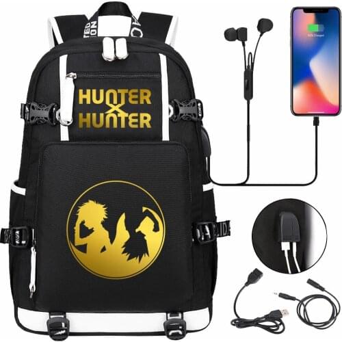 New Boys Girls Kids School Book Bags Gold Anime HUNTER×HUNTER Women USB Laptop Backpack Canvas Men Travel Bagpack Bookbag