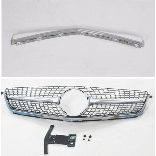 Front Grille For Mercedes Benz W204 C63 AMG 2008-2011 Silver Diamond Style Replacement Upper Bumper Engine Hood Mesh Car Grill