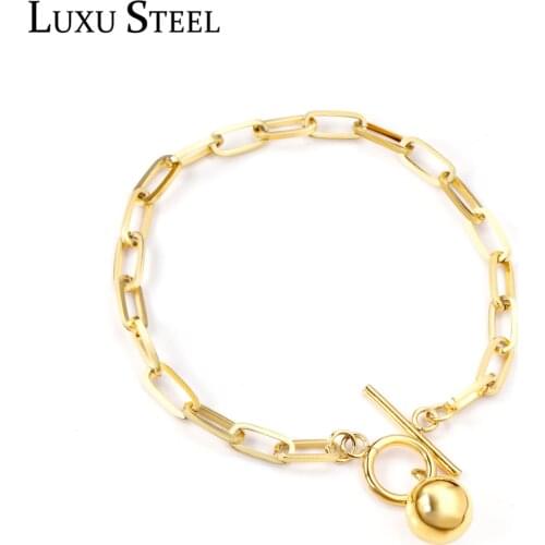 LUXUSTEEL pulseras Women Gold Link Chains Bracelets Stainless Steel Round Ball Bow Knot Clasp Chains Bracelets Bangles Female