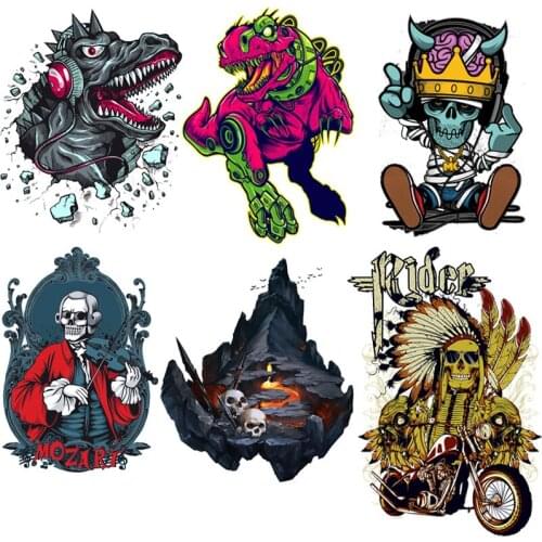Punk Rock Dinosaur Heat Transfer For Clothes Thermal Stickers On Clothes Skull Iron-on Transfers For Clothing Iron On Patch DIY