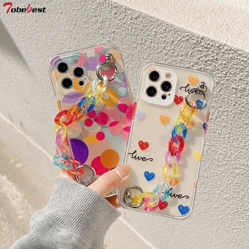 Tobebest Love Heart Bracelet Phone Cases for iphone 12 pro max 11 promax X XS XR 7 8 Plus SE 2020 Colorful Chain Soft Back Cover