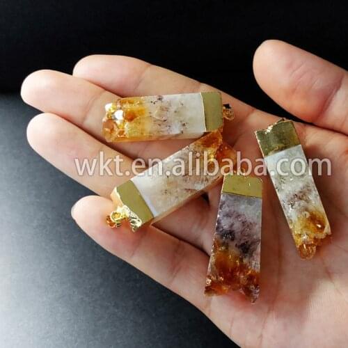 WT-P510 New! Long rectangle yellow quartz pendants, rough yellow stone pendants with gold electroplated on top