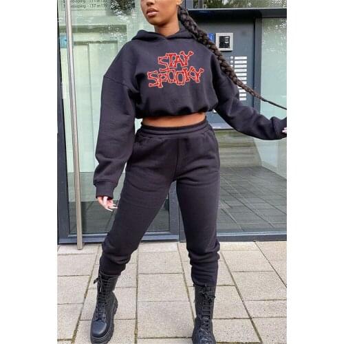 Go Out Wear Letter Print Two Piece Tracksuit Womens Clothing Hooded Long Sleeve Crop Hoodie and Jogger Sweatpant Female Suits