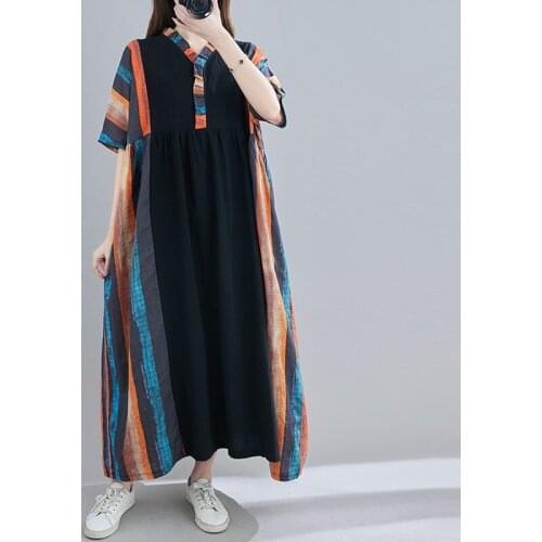 Oversized Women Cotton Linen Long Dress New 2021 Summer Arts Style Vintage V-neck Patchwork Striped Female Casual Dresses S3361