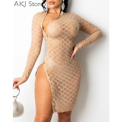 Women Studded Zipper Design Mesh Long Sleeve Skinny Dress