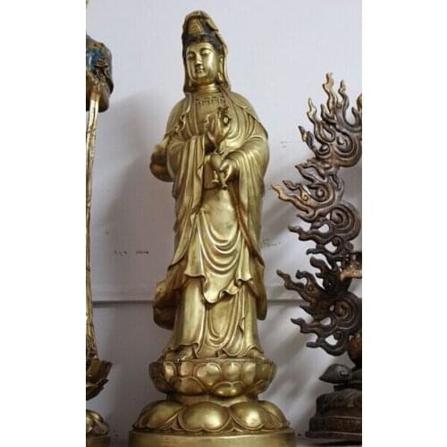 003541 25" Chinese Buddhism Bronze Gild Stand Kwan-yin Guan Yin Goddess Vase Statue