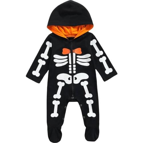 2021 Halloween Clothes For Newborns Skeleton Print Long Sleeve Hooded Jumpsuit Footed Romper Cotton Clothing For Boys Girls Baby