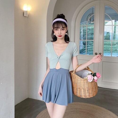 2021 Swimwear Women One Piece Korean Retro Swimsuit Fused Female Plus Size Swim Suit With Skirt New Fashionable Sexy Surfing