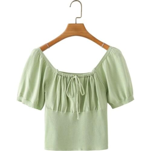 DOUJILI Summer Women T-Shirt New Style Knitted Pure Color Round Low Neck Short Shirt Green White Blue Purple