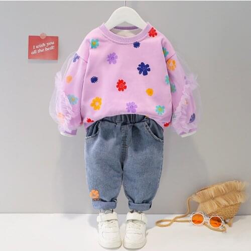 Girls' casual printed round neck suit spring and autumn childrens new baby girl long-sleeved sweater two-piece childrens suit