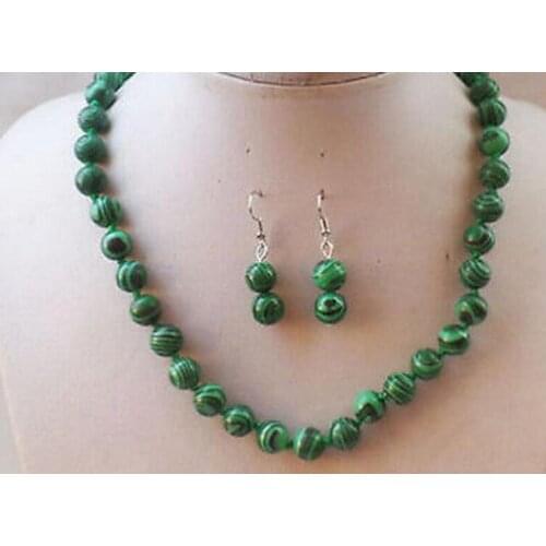 Beautiful 10 mm green malachite round necklace Bracelets Earrings