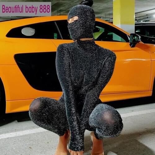 Meqeiss Glitter Silk Mask Playsuits 2Two Pieces Jumpsuits For Womens Sexy Backless Club Party Wear Long Sleeve One Piece Outfit