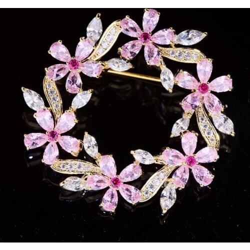 OKILY Fashion Wreath Brooch Elegant Cubic Zirconia Flower Pin Temperament Simple Suit Coat Corsage Women Accessories Jewelry