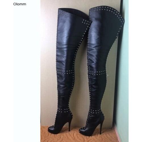 Olomm New Women Over The Knee Boots Sexy Rivets Stiletto High Heels Boots Round Toe Black Night Club Shoes Women US Size 5-15