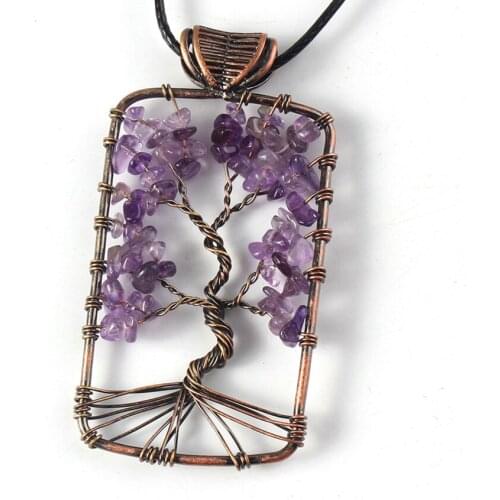 KFT Natural Healing Crystal Quartz Stone Pendant Amethysts Wire Wrap Tree of Life Rectangle Shape Stone Pendant Necklace
