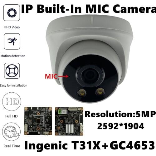 T31X+GC4653 IP Indoor Ceiling Dome Camera Built-In MIC All Color WarmLight 5MP 2592*1904 H.265 Onvif Motion Detection Radiator