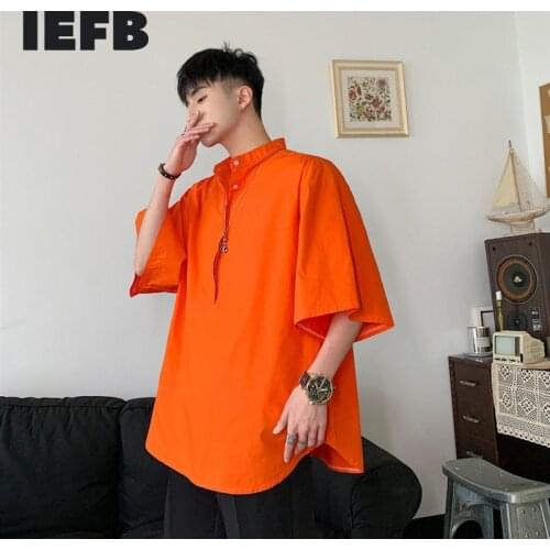 IEFB Mens Summer Half Sleeve Shirt Loose Casual Stand Collar Niche Oversized Tops For Men 2021 New Pullover Clothing 9Y8127