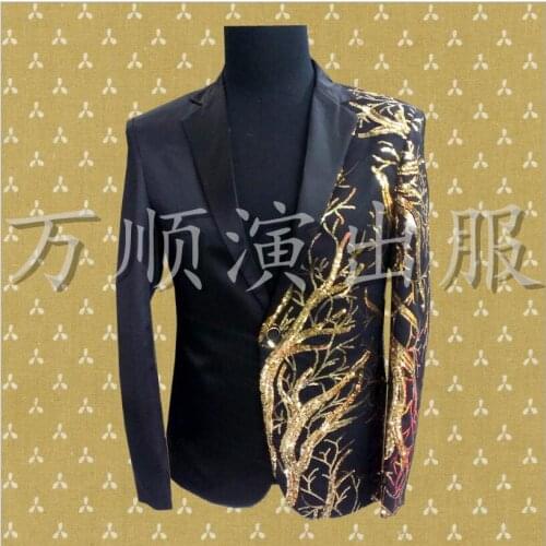 Custom size 2018 Nightclub male singer acting as a DJ rock punk black gold sequin man suit. XS-6XL