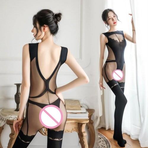 Sexy Lingerie One Piece Bodysuit Women Deep V Pantyhose Exotic Sexy Tights Stocking Hollow Halter Open Bra Transparent Pajamas